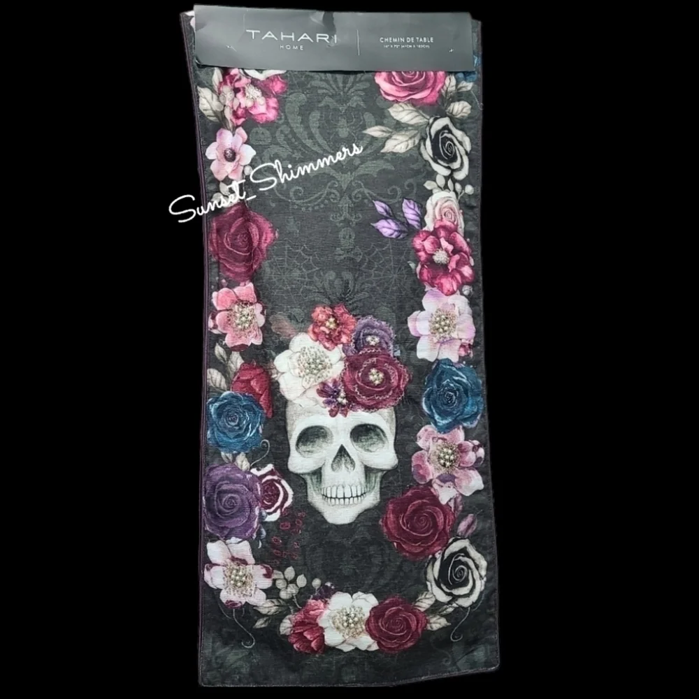 Sugar Skull Day Of Dead Beaded Table Runner Sparkly Jeweled Flowers HALLOWEEN